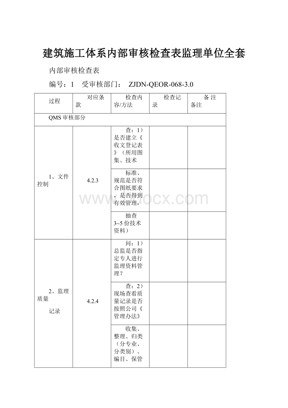 建筑施工体系内部审核检查表监理单位全套.docx