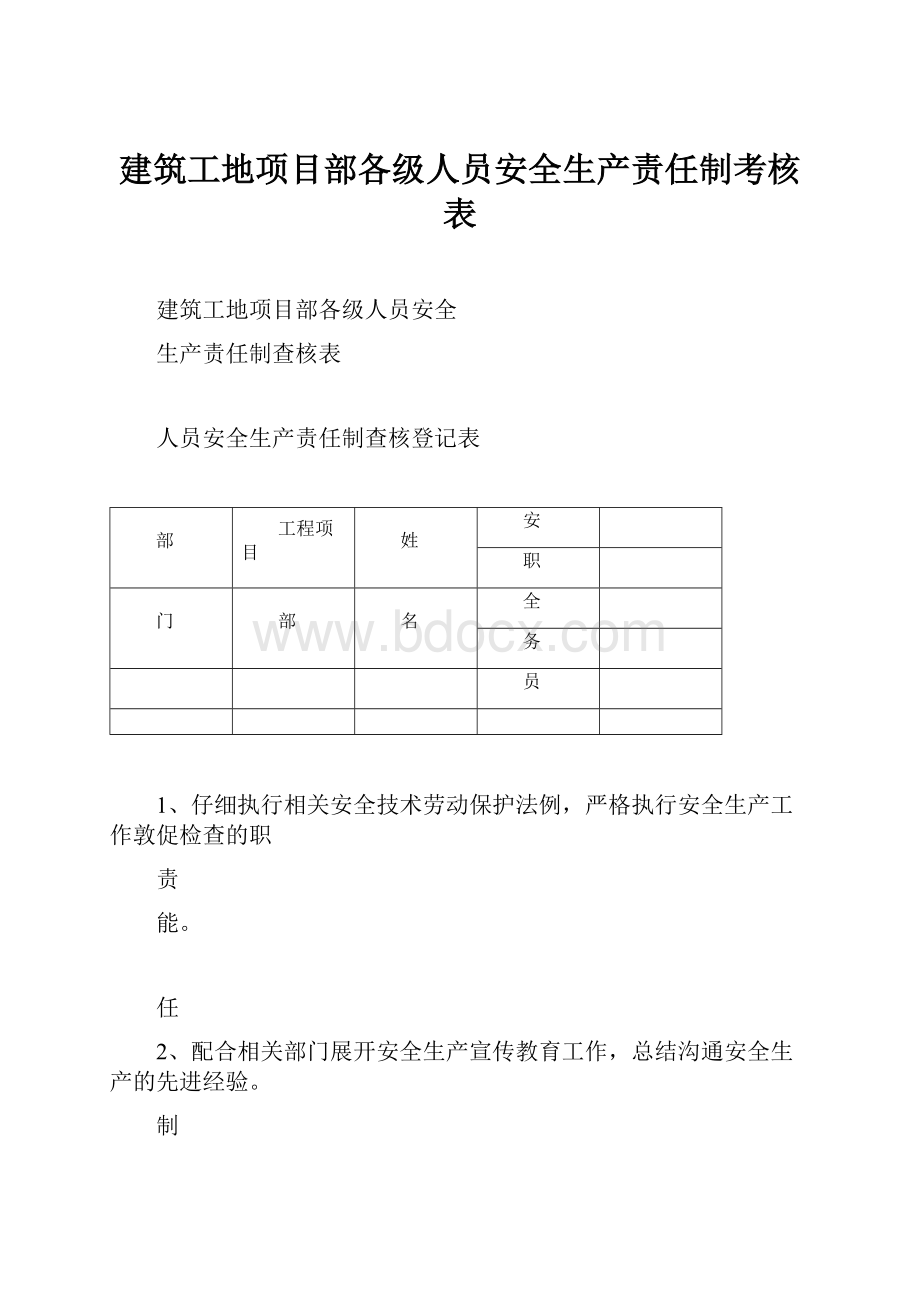 建筑工地项目部各级人员安全生产责任制考核表.docx_第1页