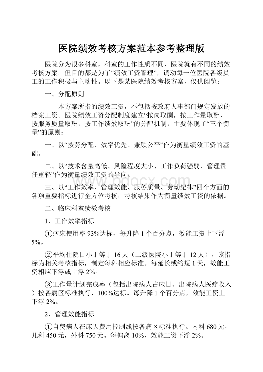 医院绩效考核方案范本参考整理版.docx