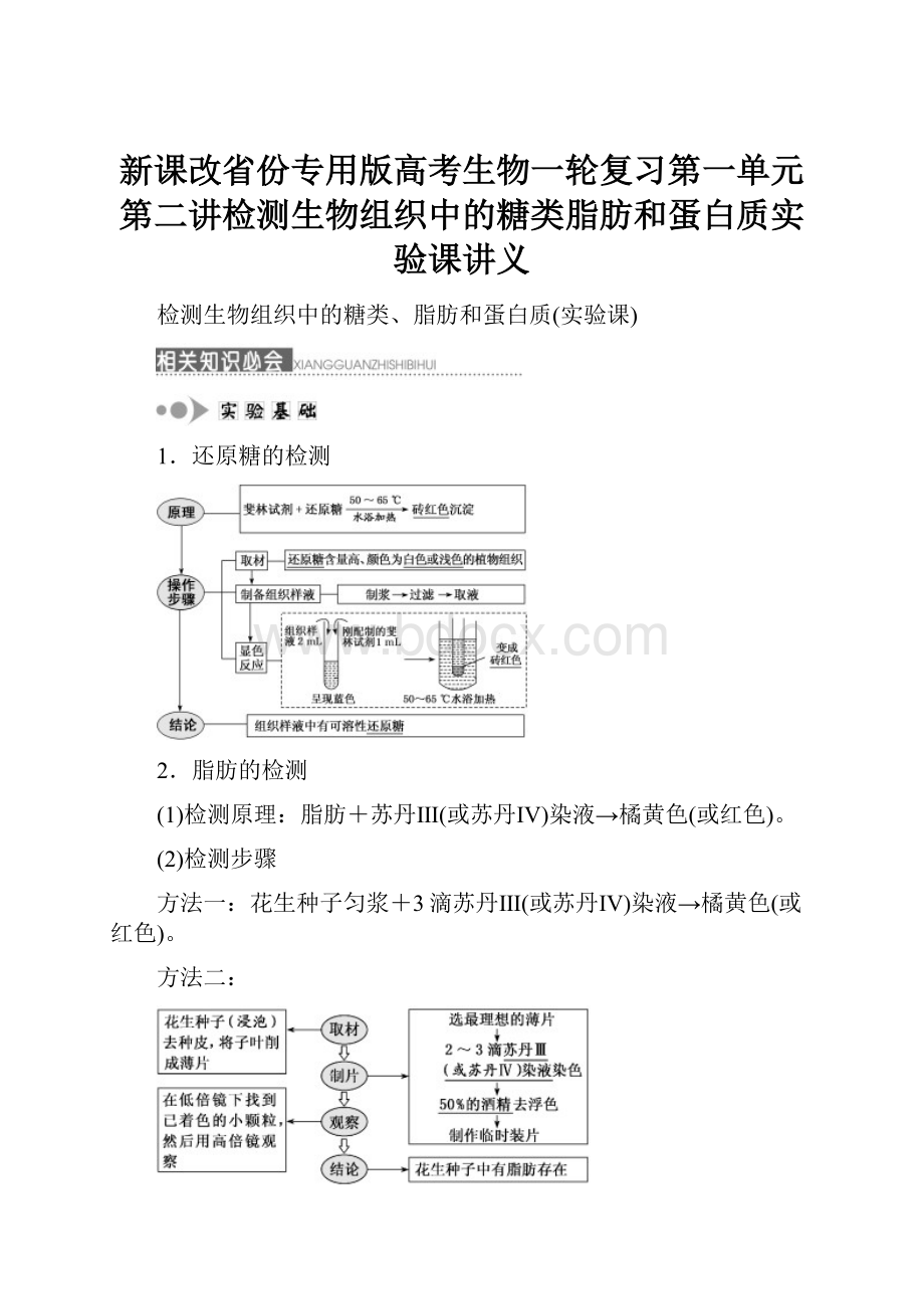 新课改省份专用版高考生物一轮复习第一单元第二讲检测生物组织中的糖类脂肪和蛋白质实验课讲义.docx_第1页