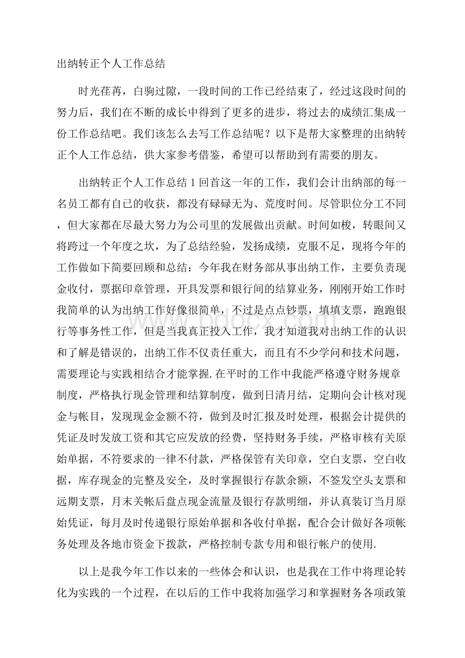 出纳转正个人工作总结.docx