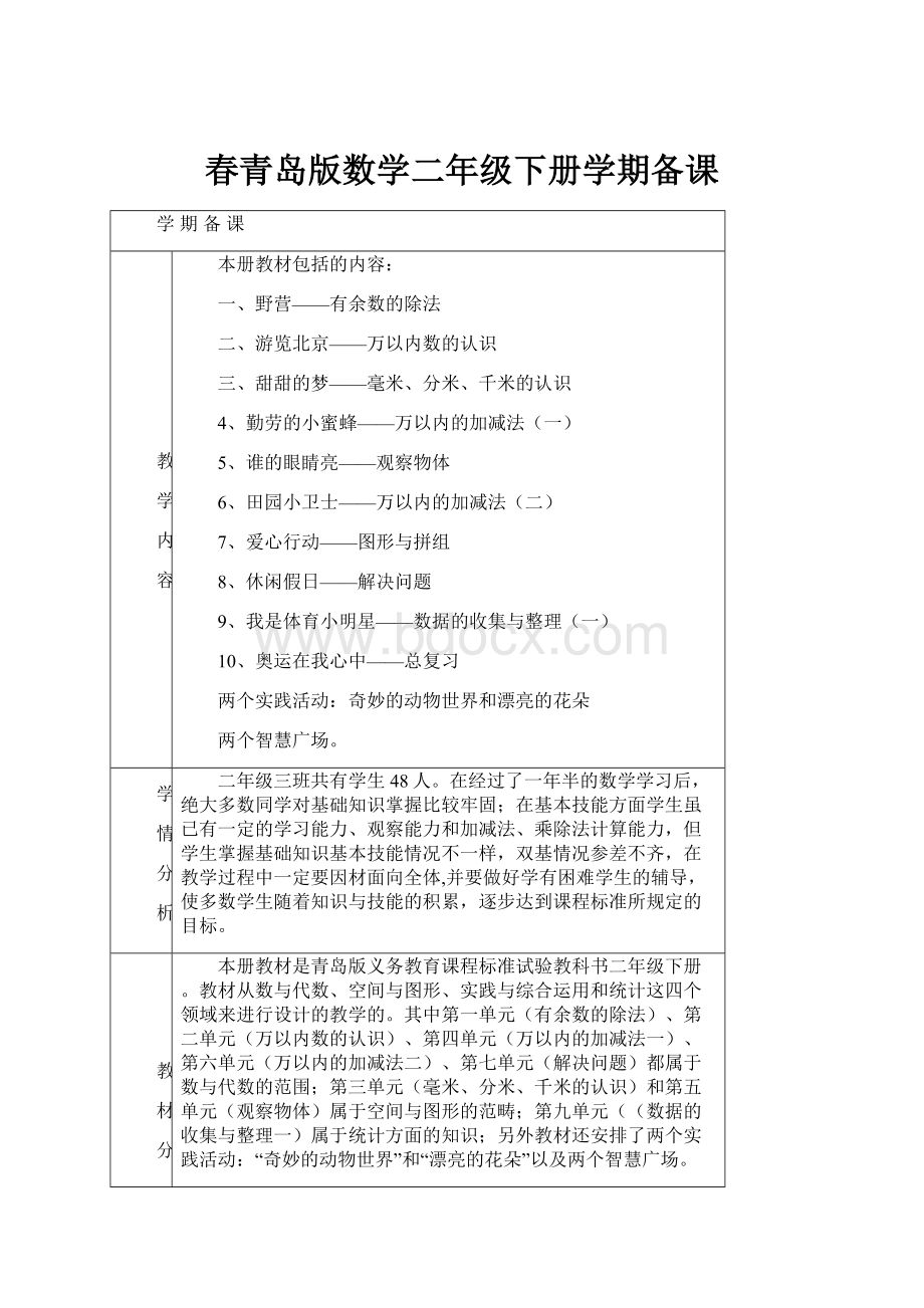 春青岛版数学二年级下册学期备课.docx_第1页