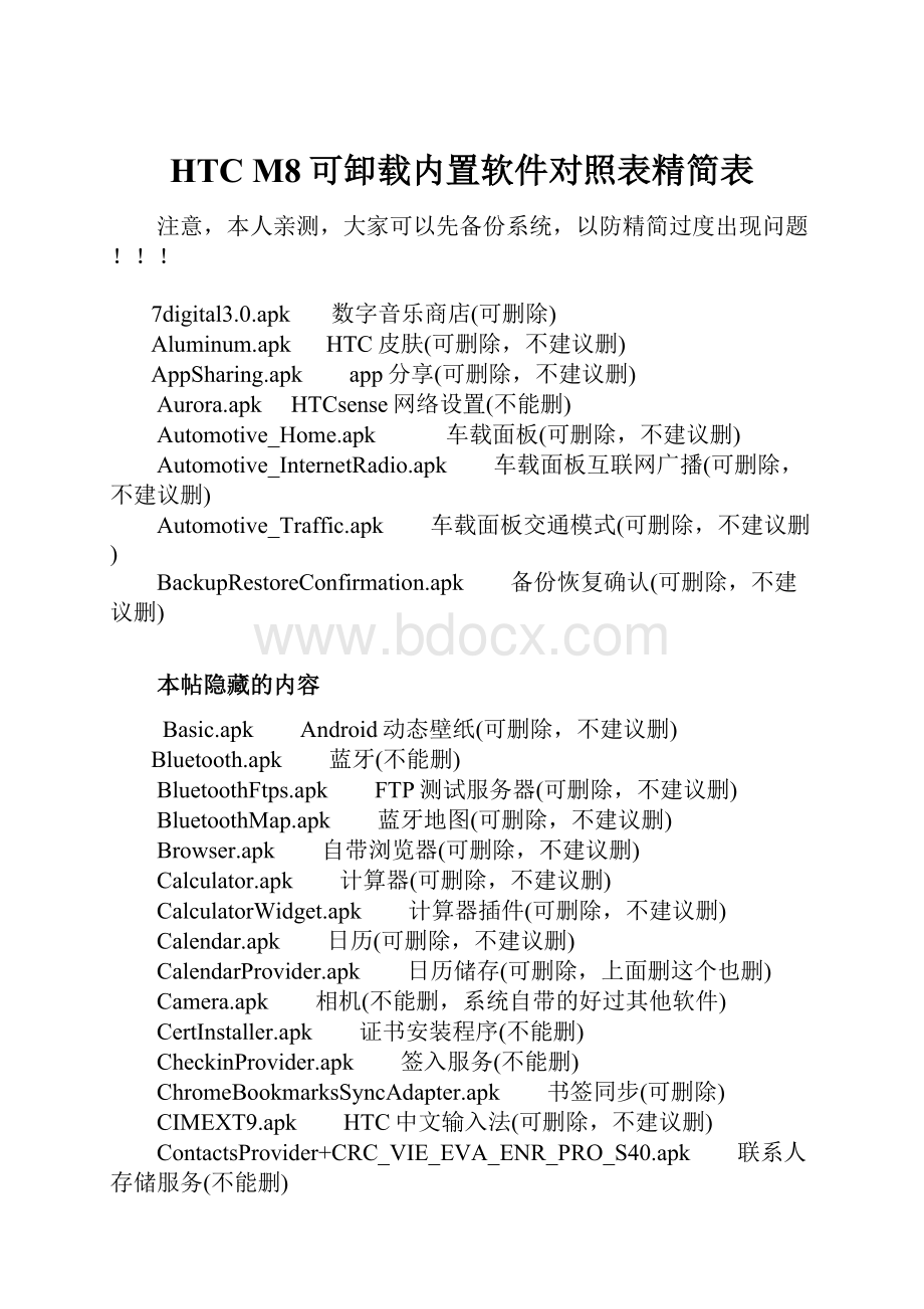 HTC M8可卸载内置软件对照表精简表.docx