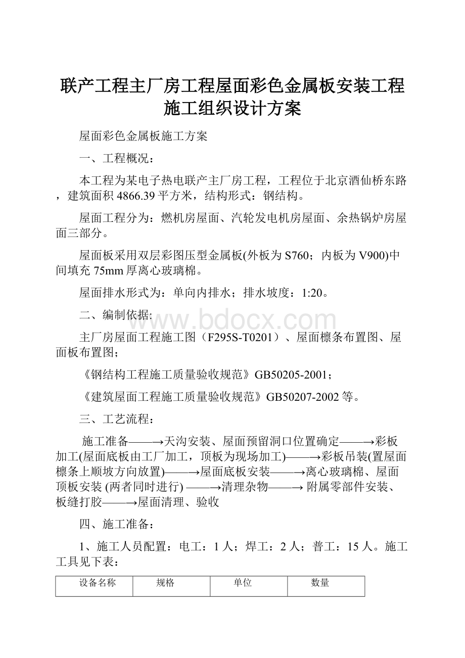 联产工程主厂房工程屋面彩色金属板安装工程施工组织设计方案.docx_第1页