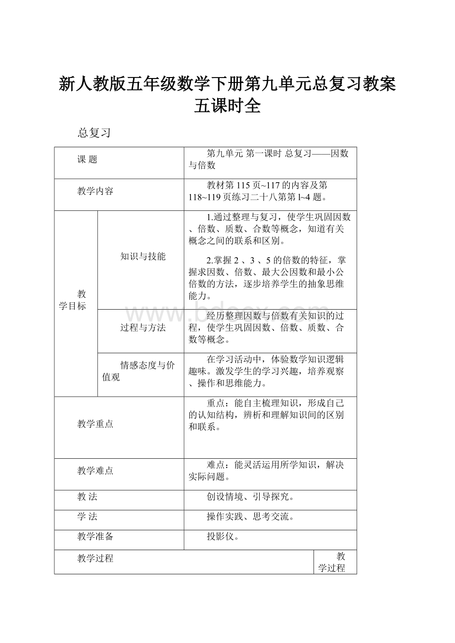 新人教版五年级数学下册第九单元总复习教案五课时全.docx_第1页