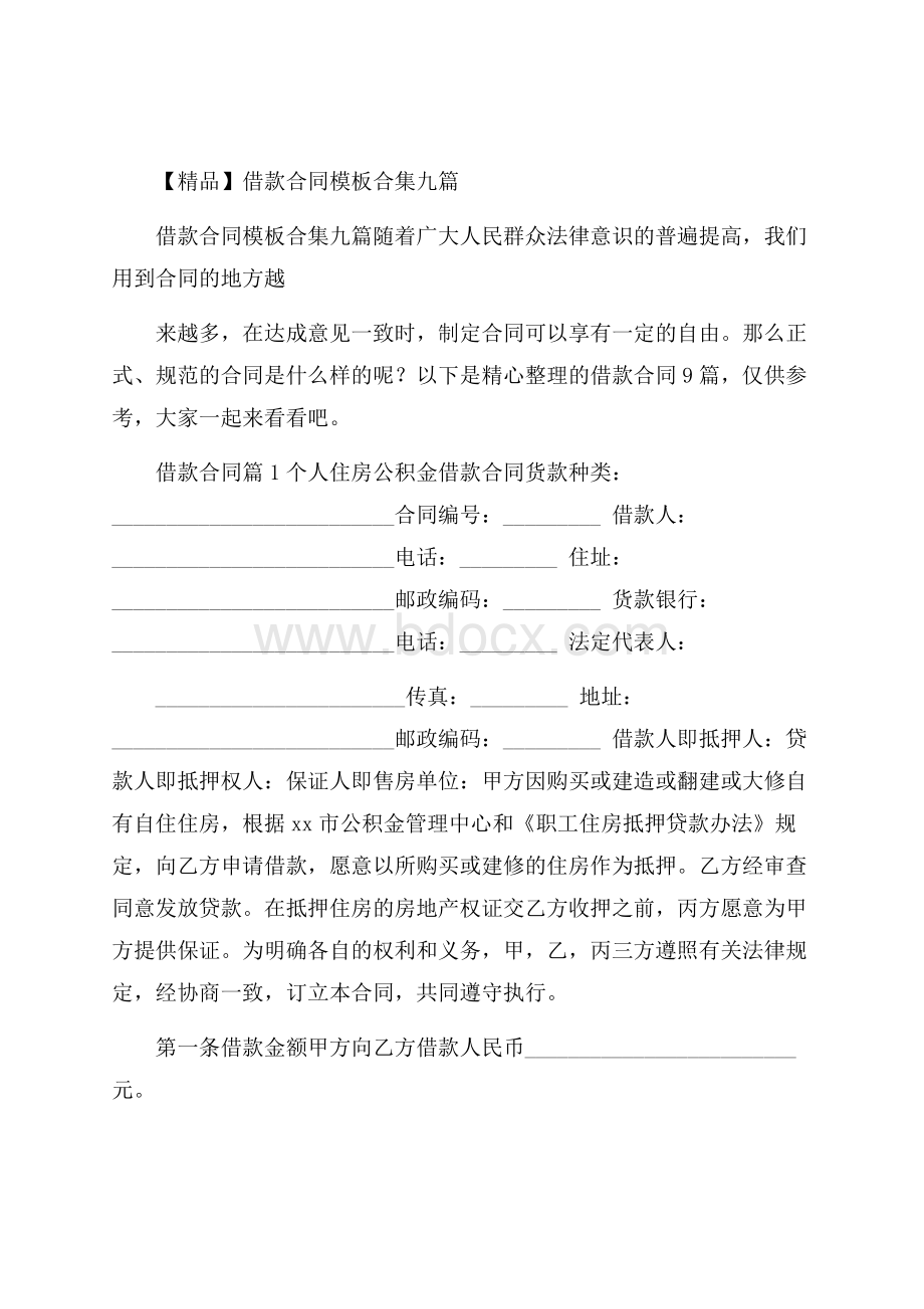 精品借款合同模板合集九篇.docx