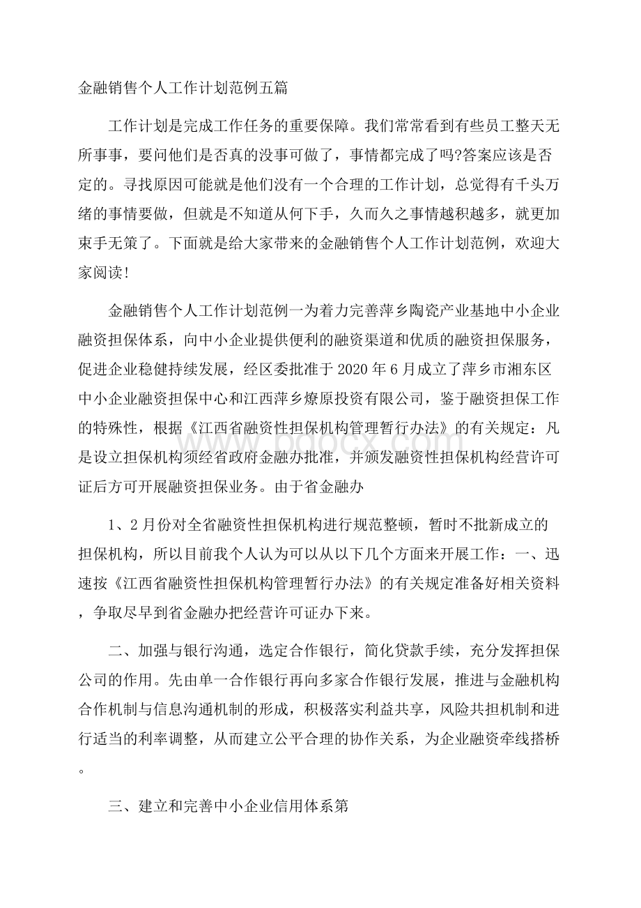 金融销售个人工作计划范例五篇.docx