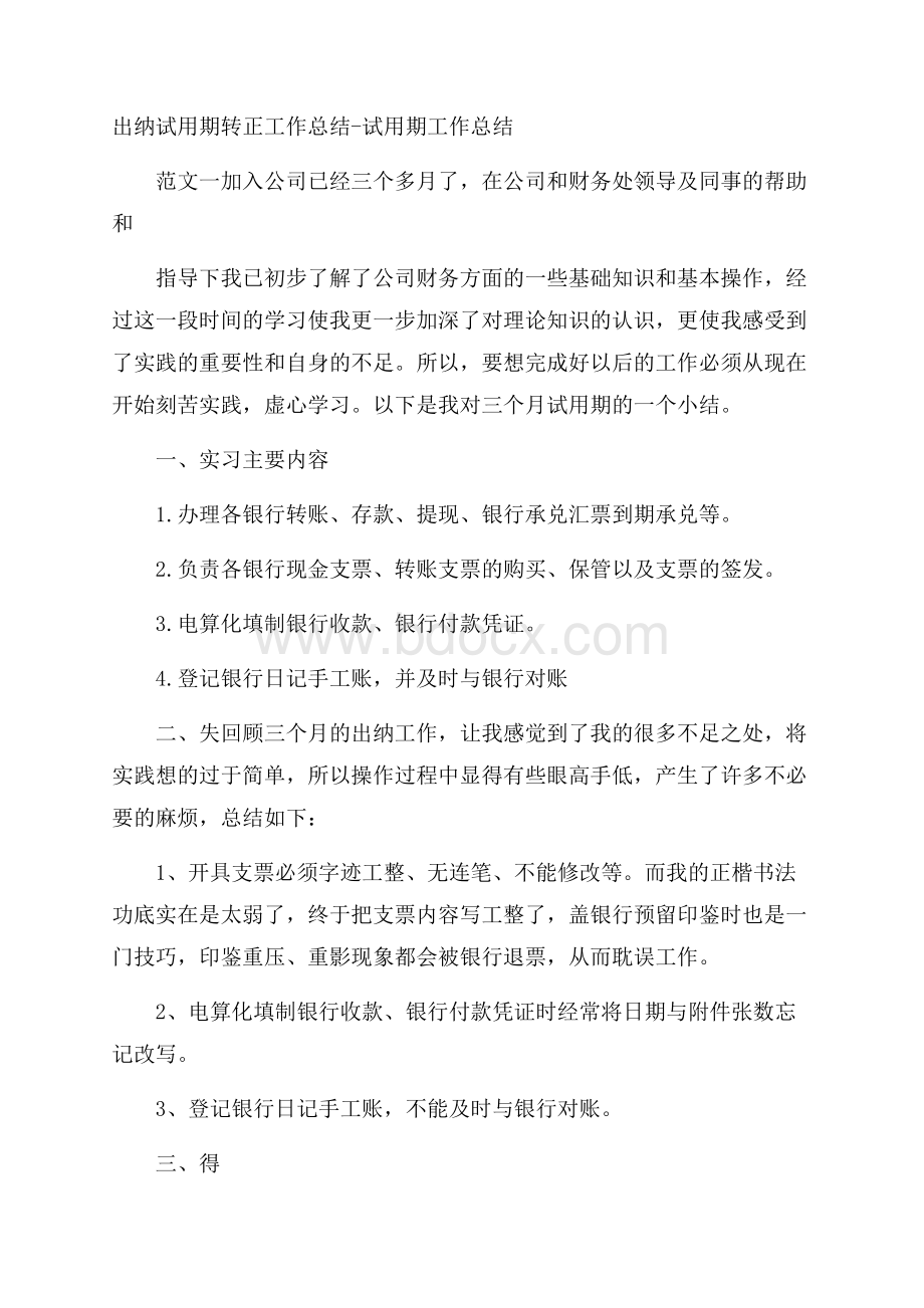 出纳试用期转正工作总结试用期工作总结.docx_第1页