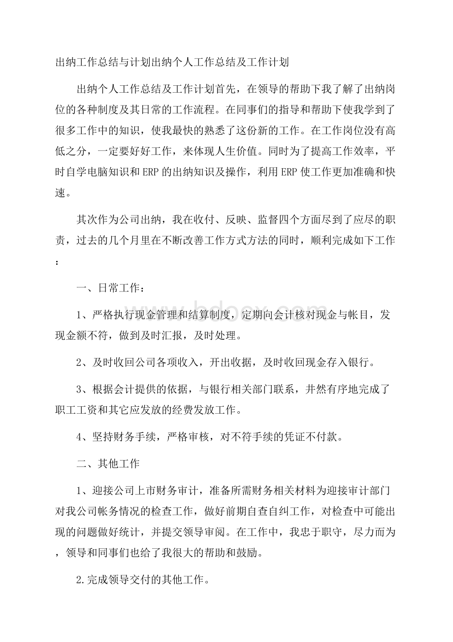 出纳工作总结与计划 出纳个人工作总结及工作计划.docx