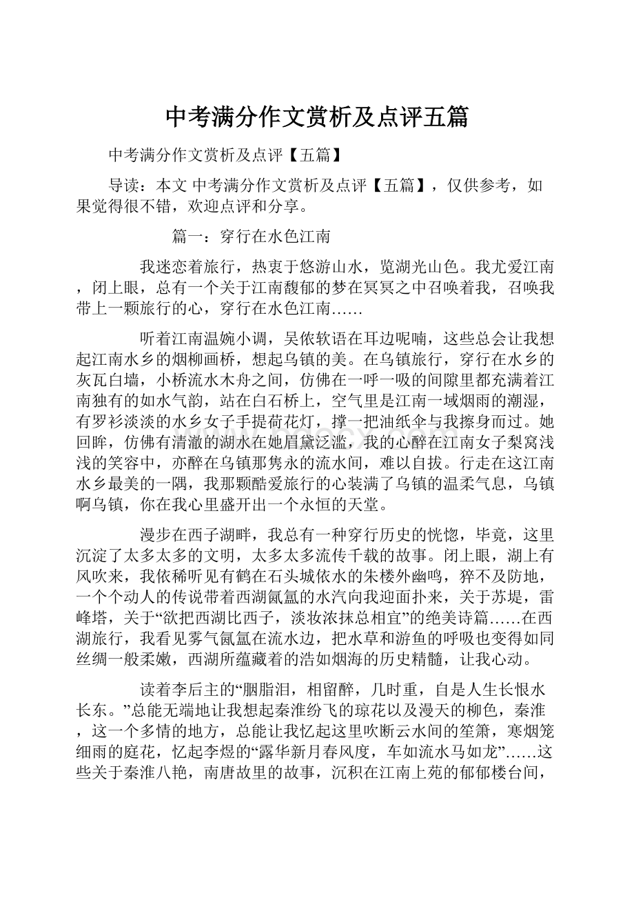 中考满分作文赏析及点评五篇.docx