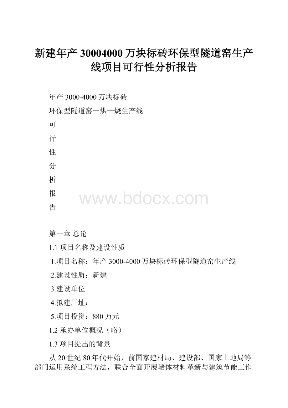 新建年产30004000万块标砖环保型隧道窑生产线项目可行性分析报告.docx