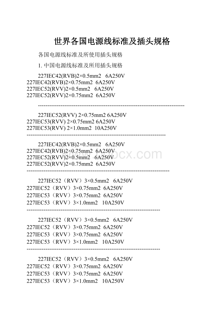 世界各国电源线标准及插头规格.docx