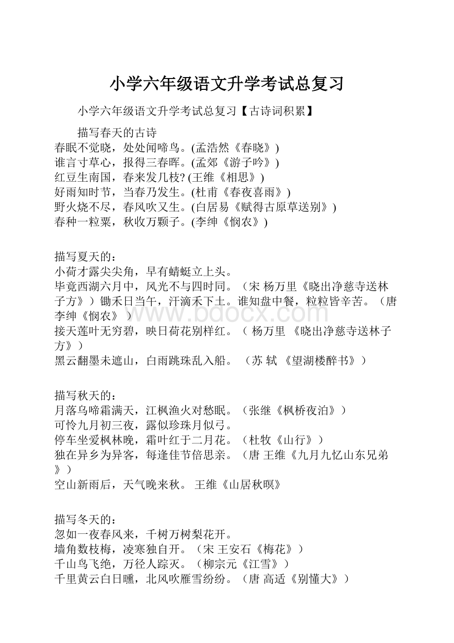 小学六年级语文升学考试总复习.docx_第1页