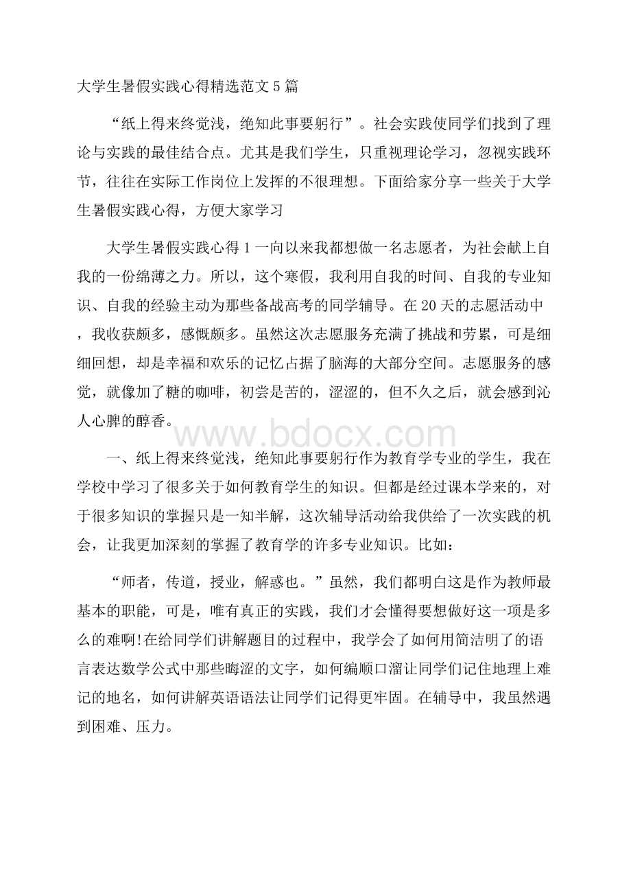 大学生暑假实践心得精选范文5篇.docx