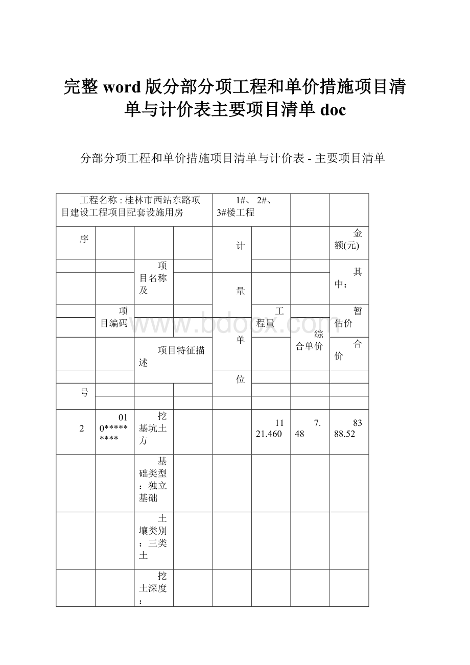 完整word版分部分项工程和单价措施项目清单与计价表主要项目清单doc.docx_第1页