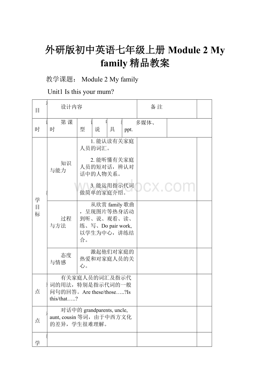 外研版初中英语七年级上册 Module 2 My family精品教案.docx