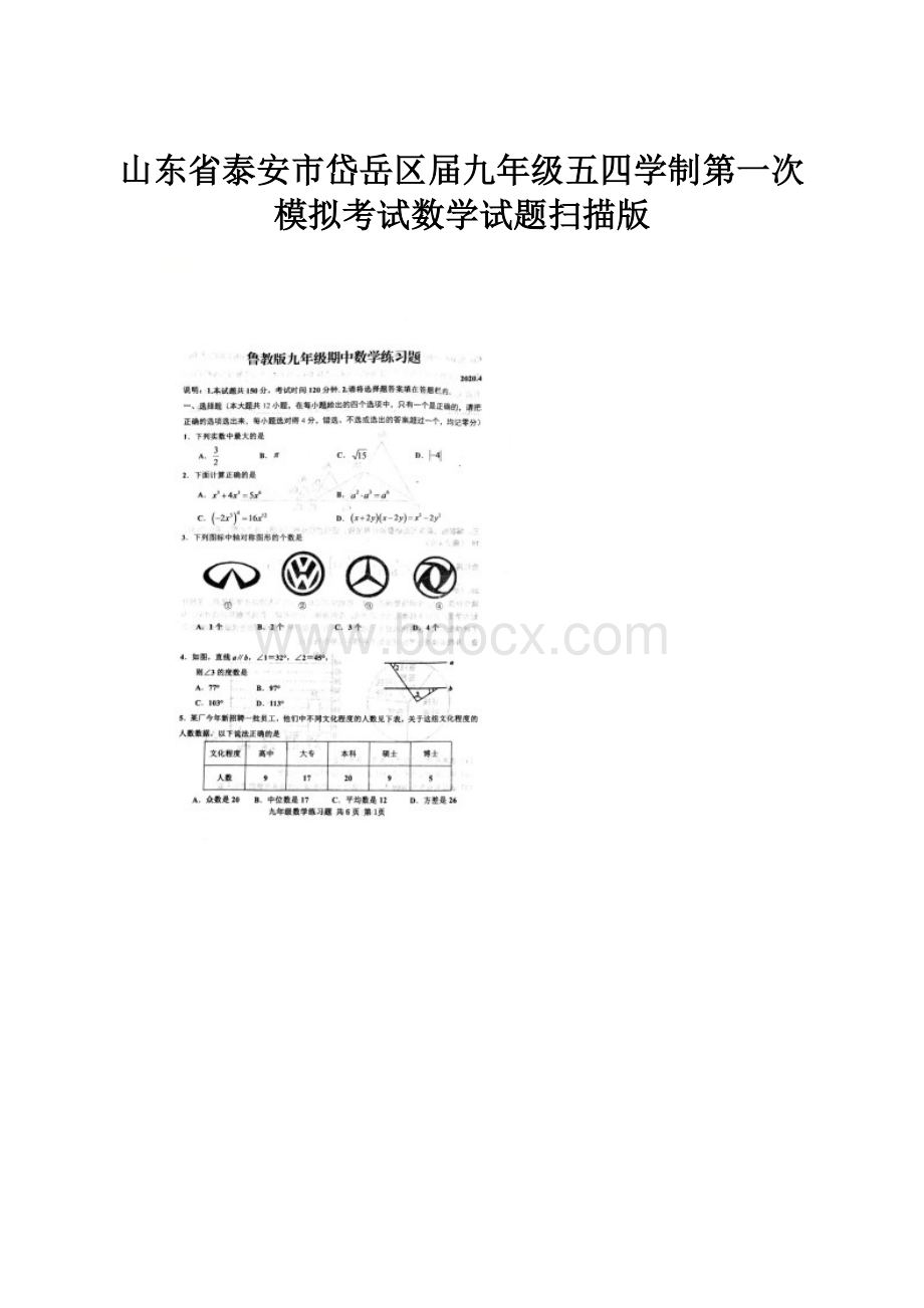 山东省泰安市岱岳区届九年级五四学制第一次模拟考试数学试题扫描版.docx