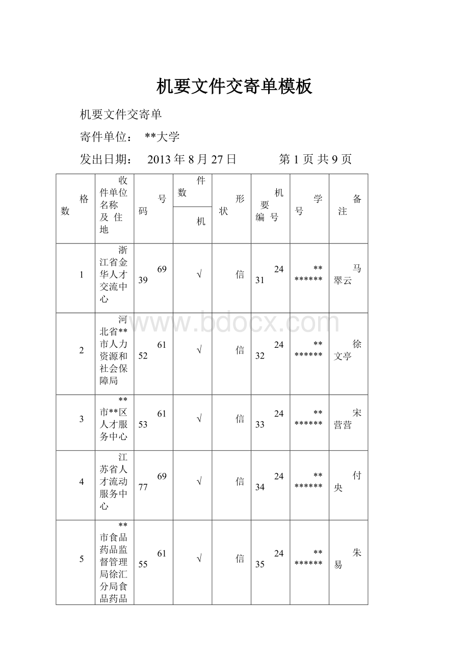 机要文件交寄单模板.docx_第1页