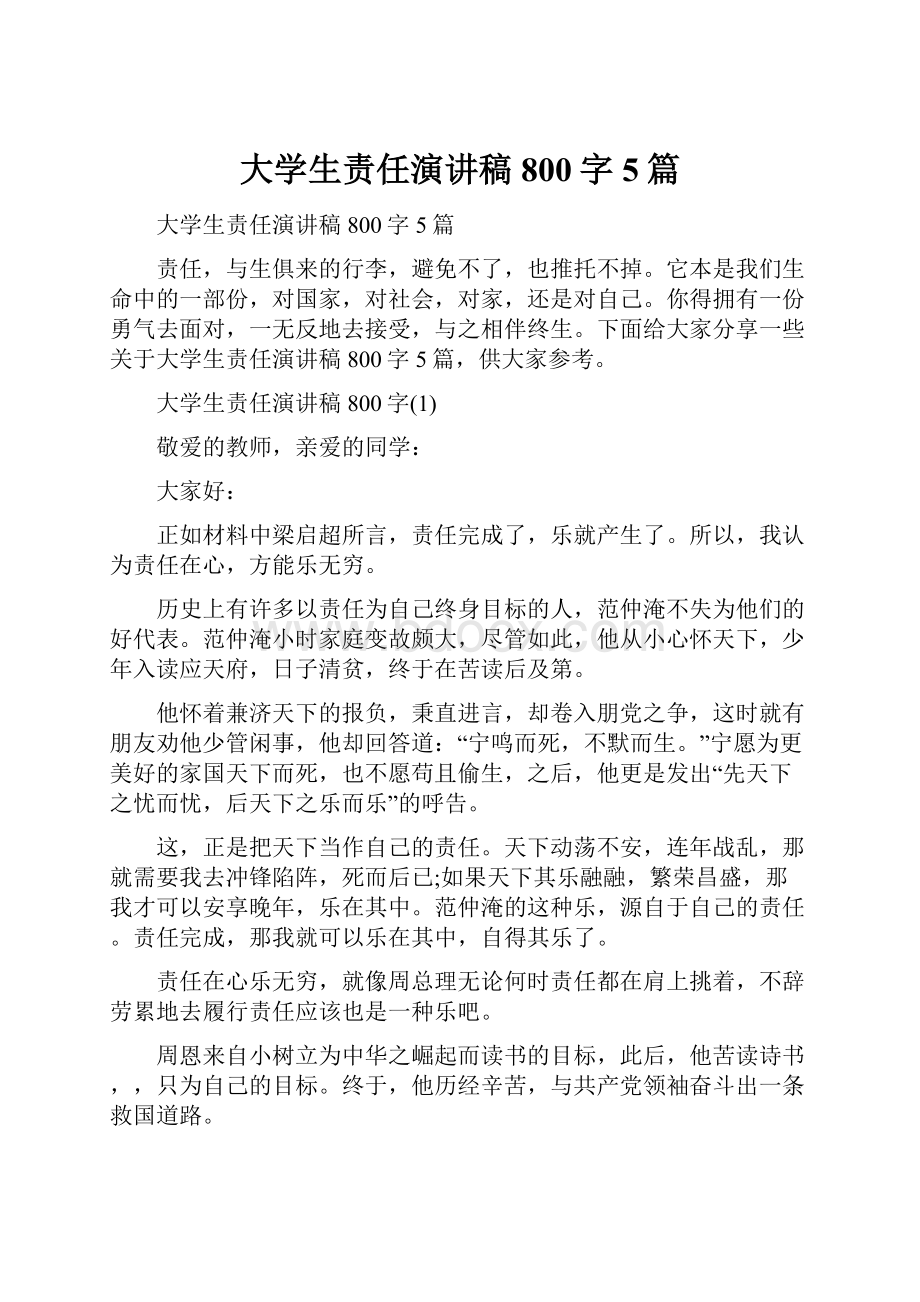 大学生责任演讲稿800字5篇.docx