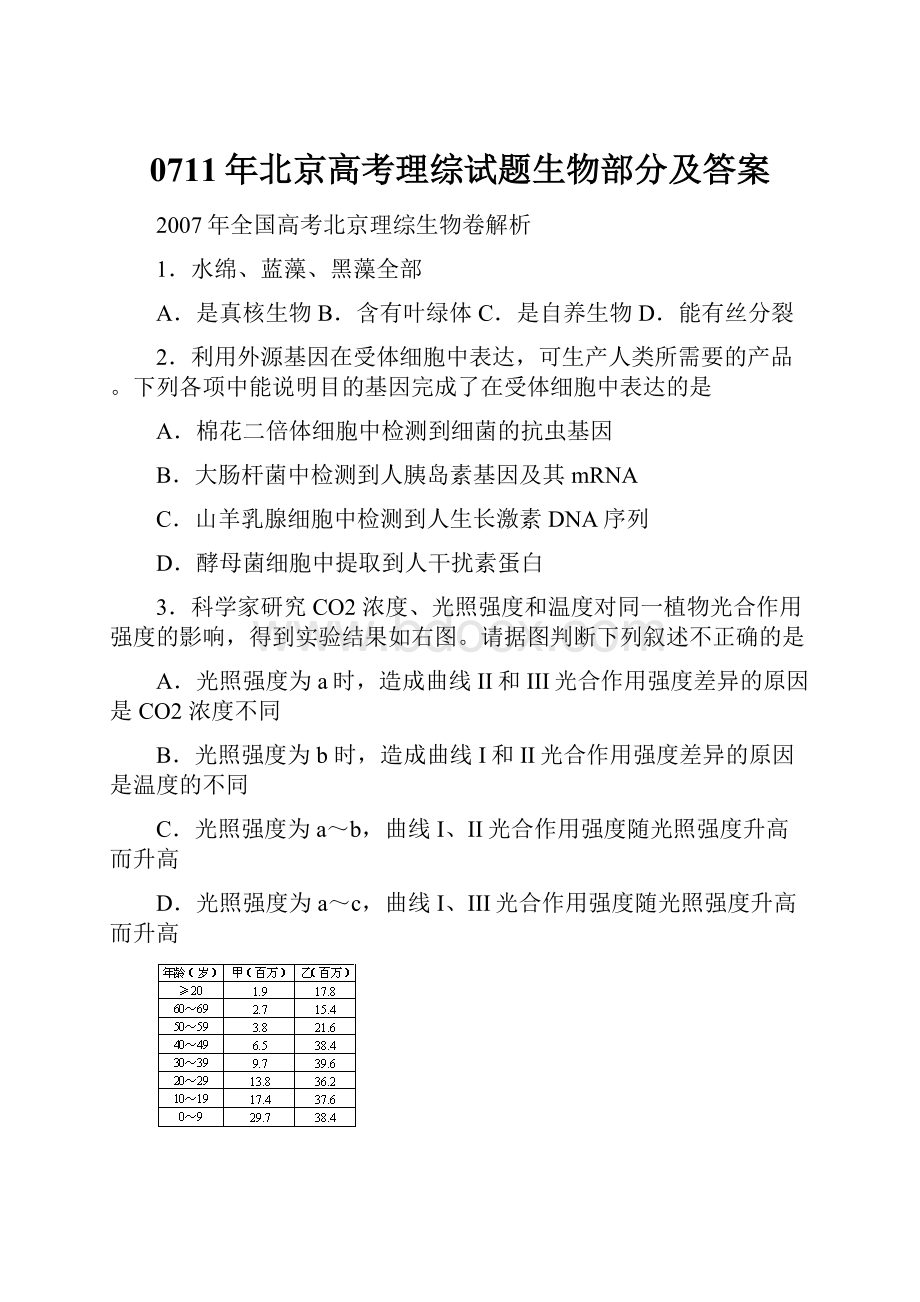 0711年北京高考理综试题生物部分及答案.docx