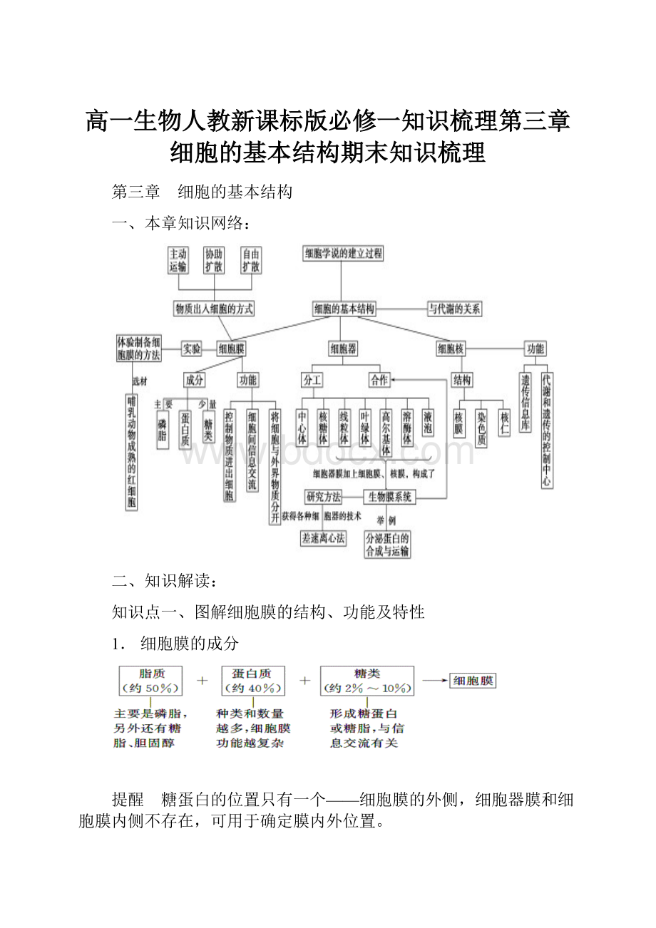 高一生物人教新课标版必修一知识梳理第三章细胞的基本结构期末知识梳理.docx