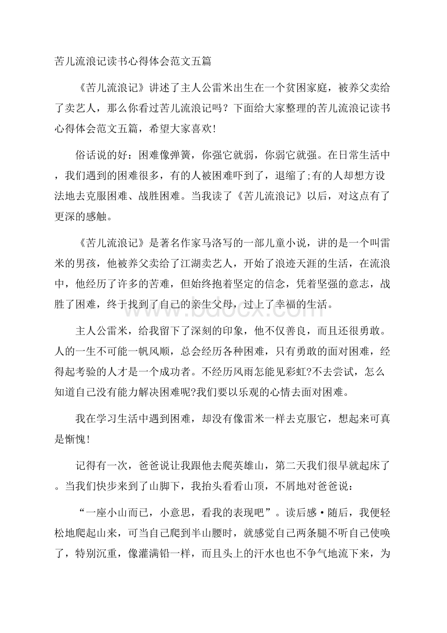 苦儿流浪记读书心得体会范文五篇.docx