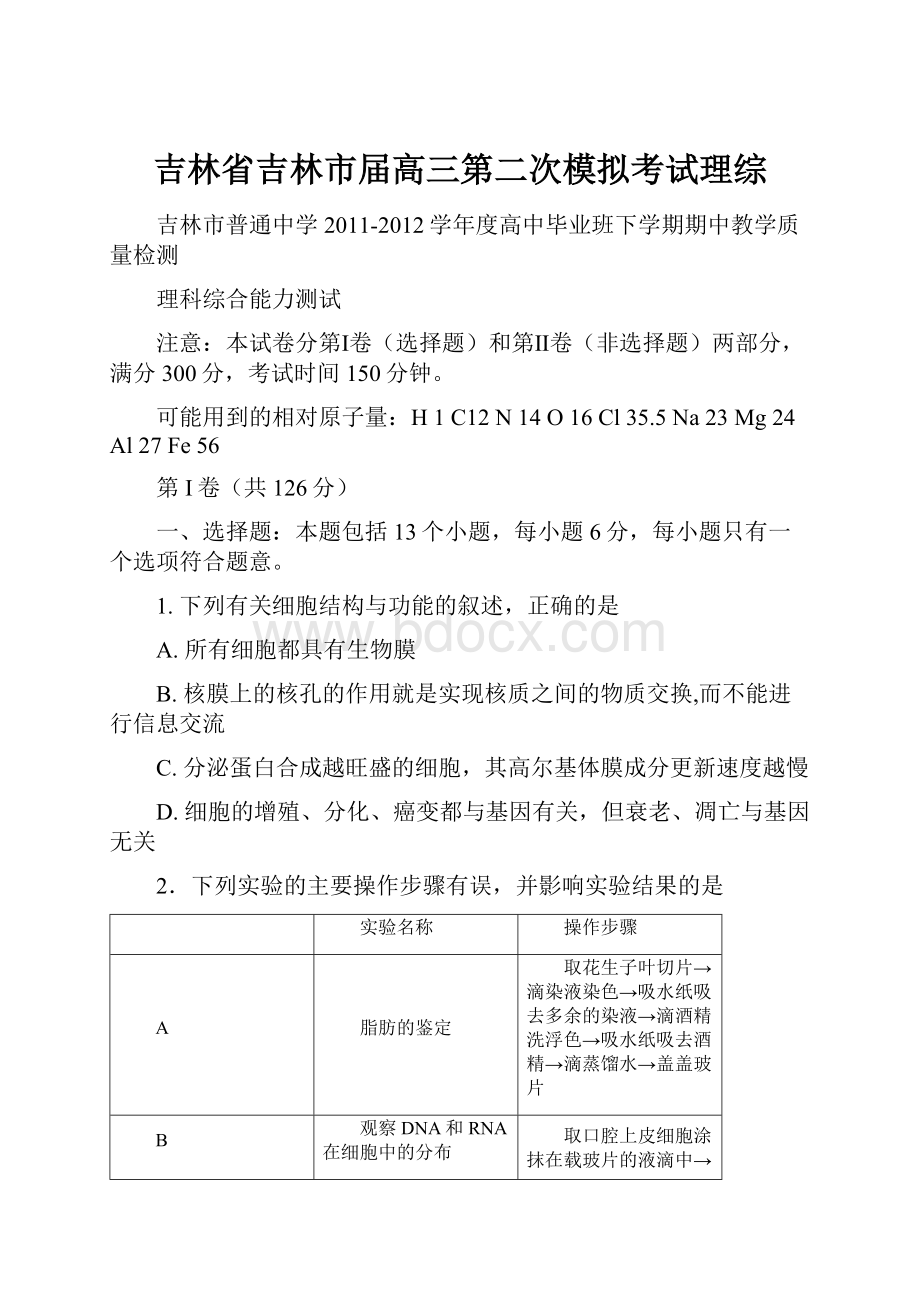 吉林省吉林市届高三第二次模拟考试理综.docx_第1页