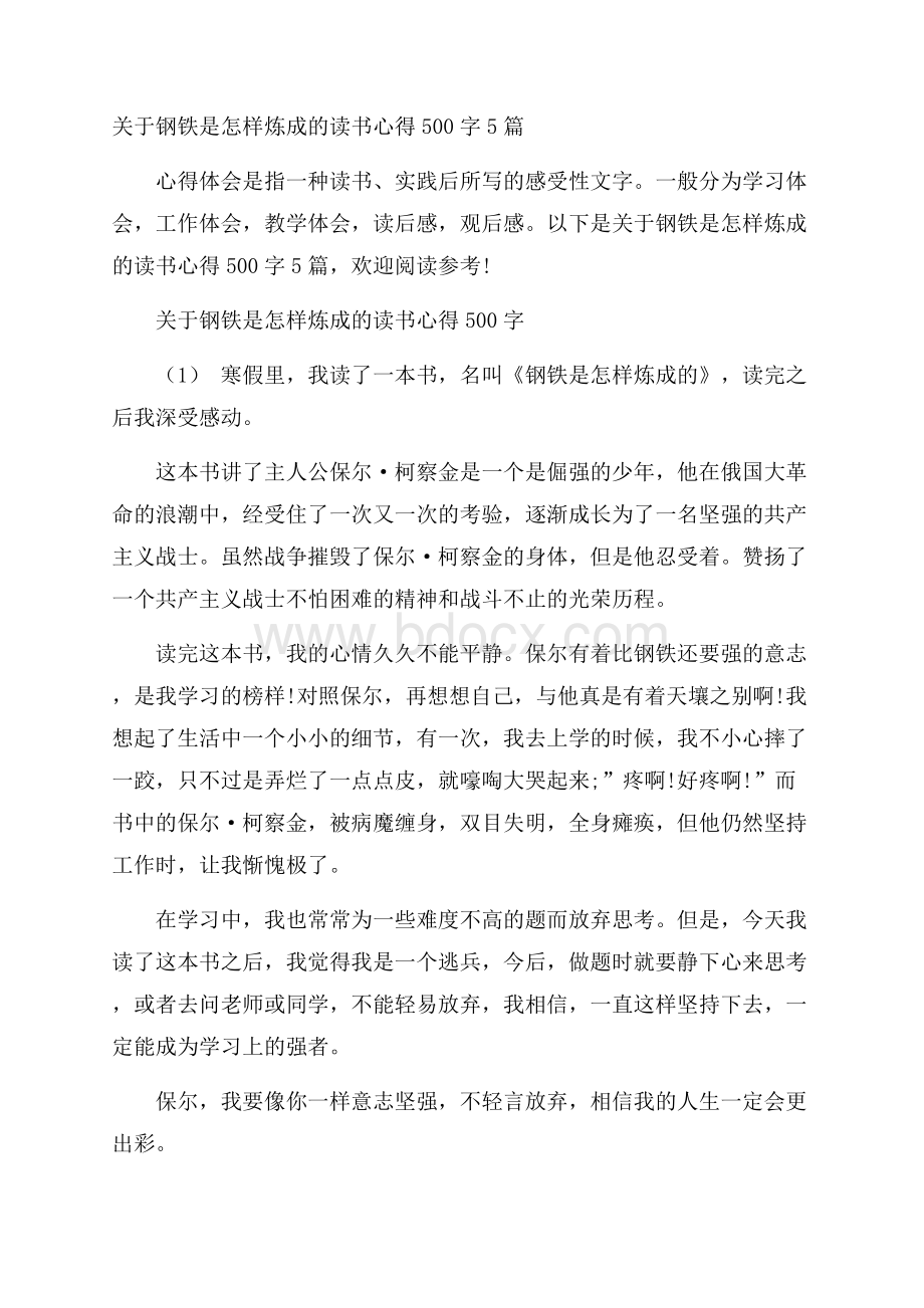 关于钢铁是怎样炼成的读书心得500字5篇.docx_第1页