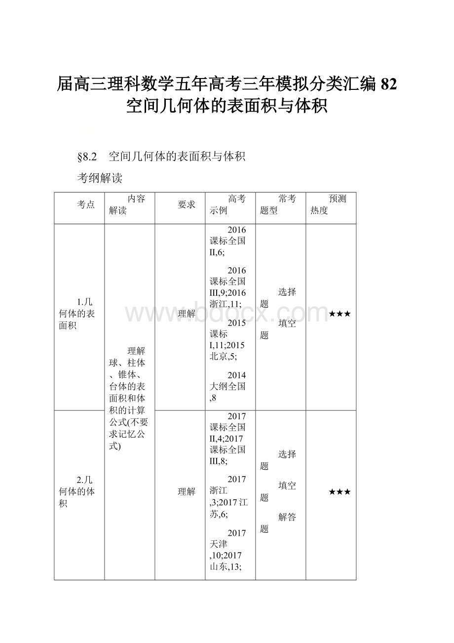 届高三理科数学五年高考三年模拟分类汇编82 空间几何体的表面积与体积.docx_第1页