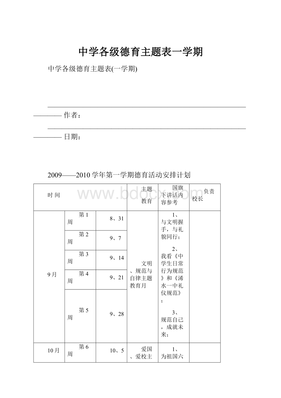 中学各级德育主题表一学期.docx