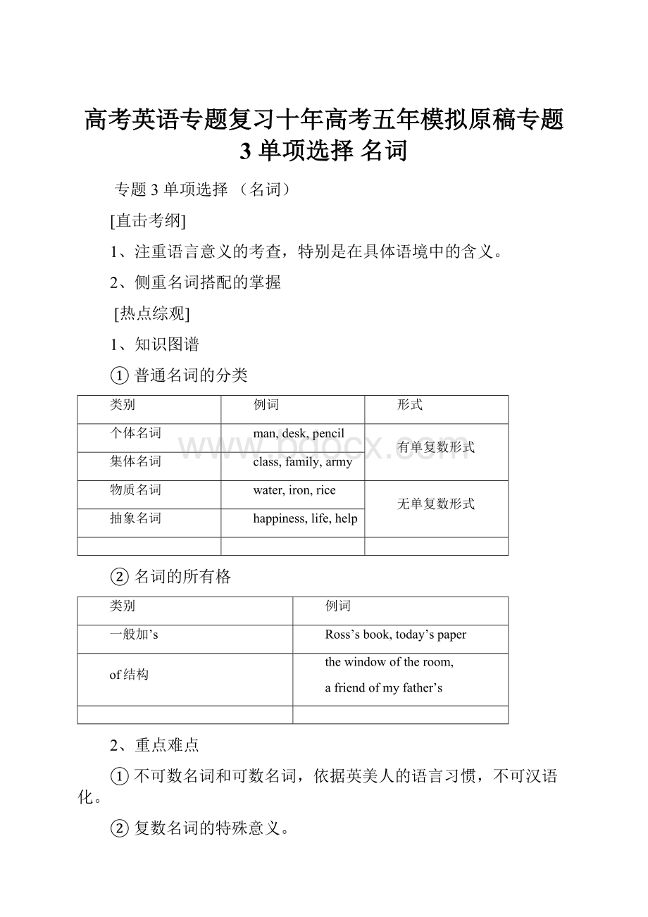 高考英语专题复习十年高考五年模拟原稿专题 3 单项选择 名词.docx_第1页