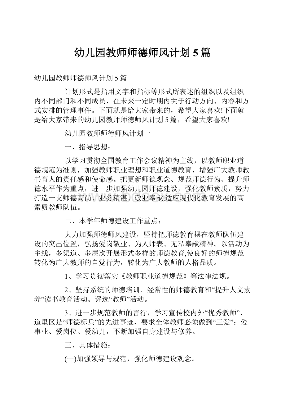 幼儿园教师师德师风计划5篇.docx