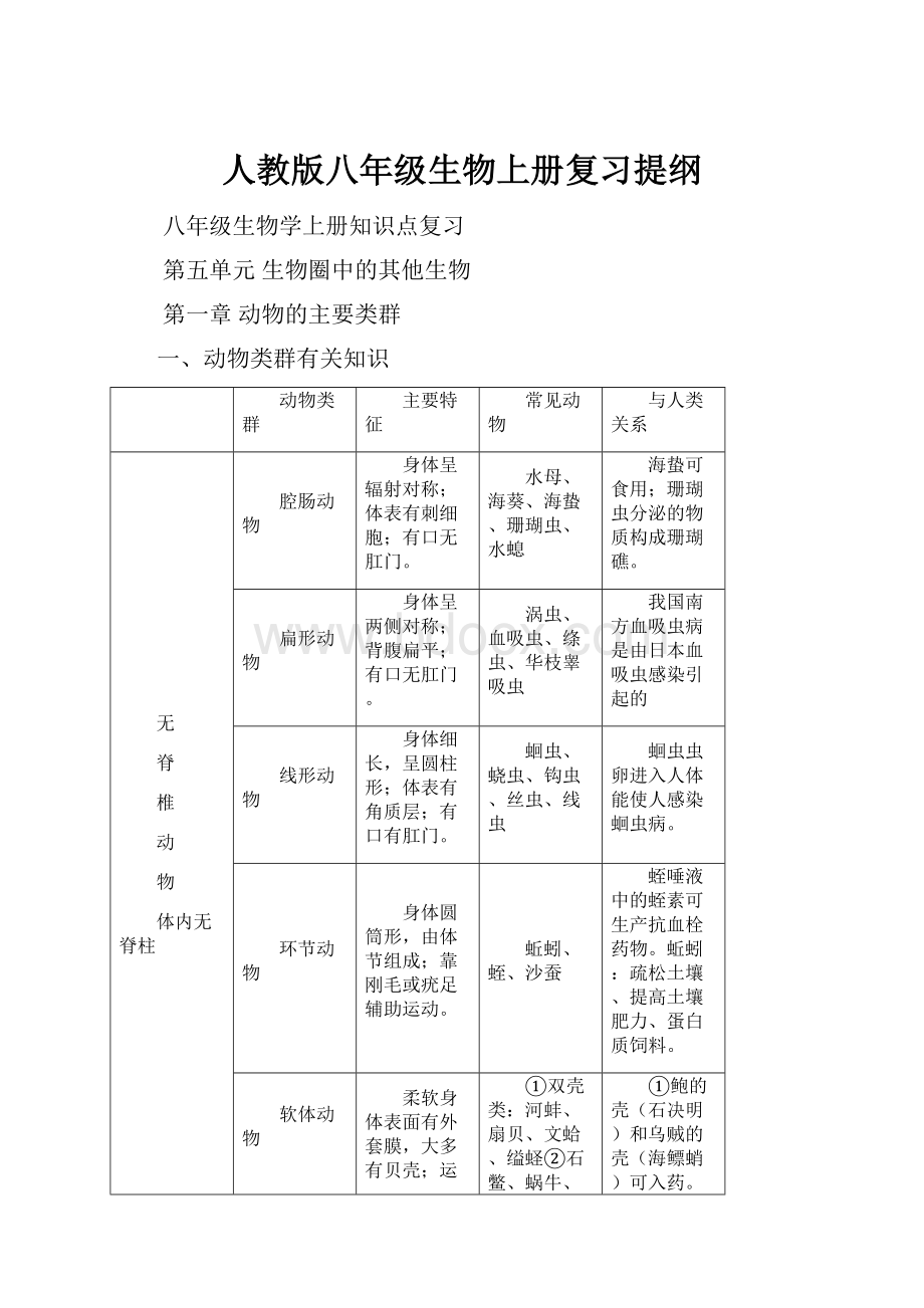 人教版八年级生物上册复习提纲.docx