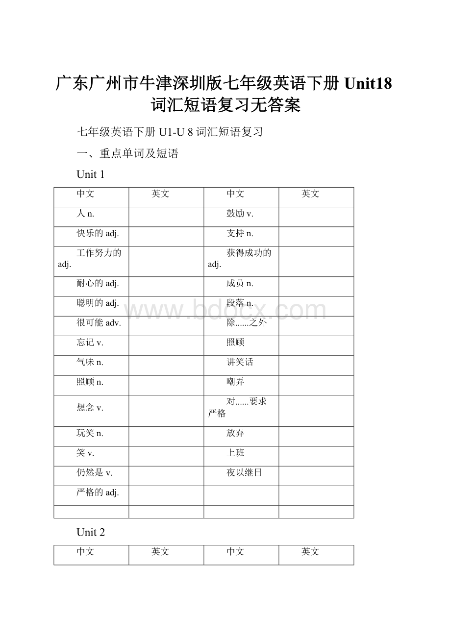 广东广州市牛津深圳版七年级英语下册Unit18词汇短语复习无答案.docx_第1页