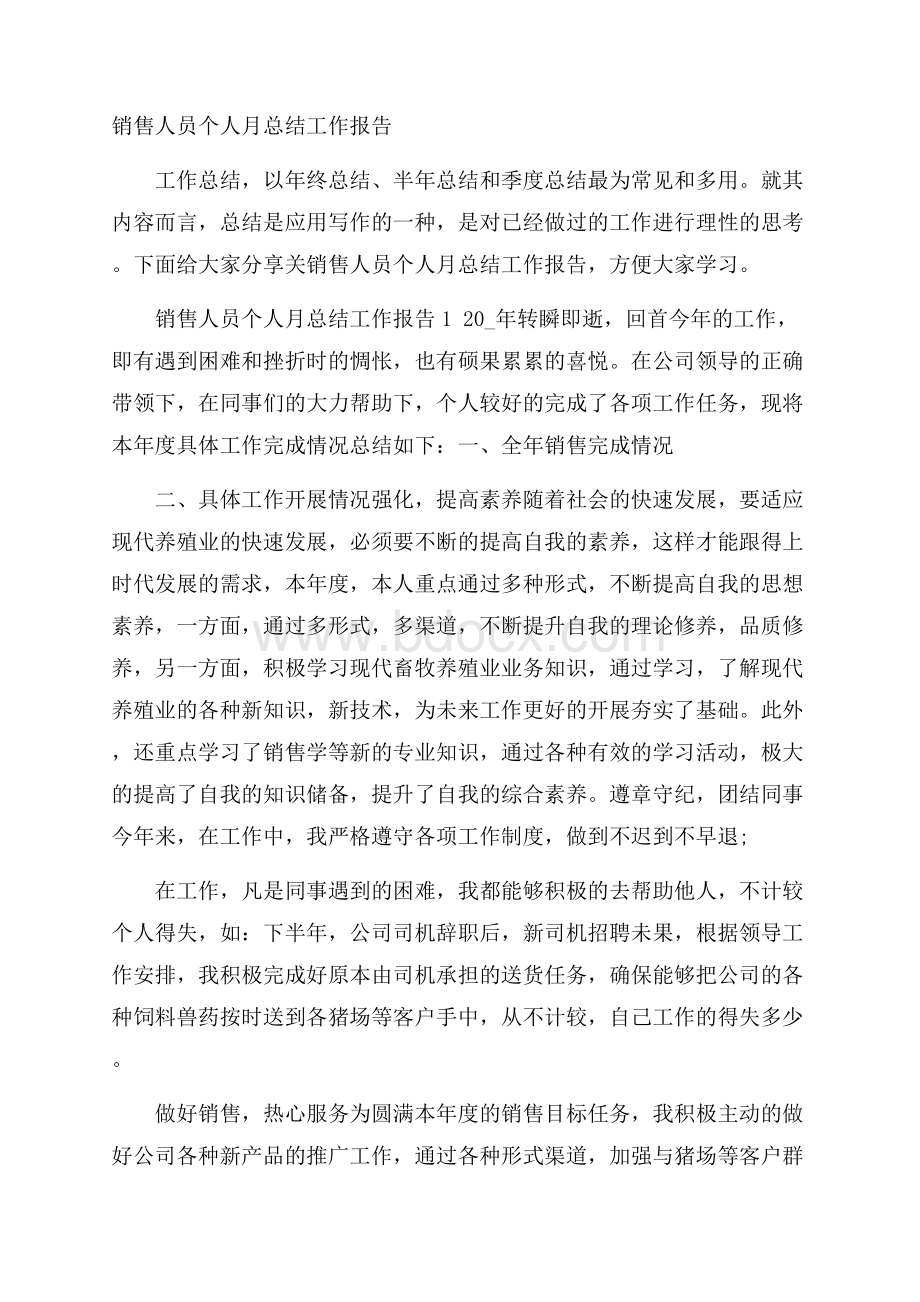 销售人员个人月总结工作报告.docx_第1页