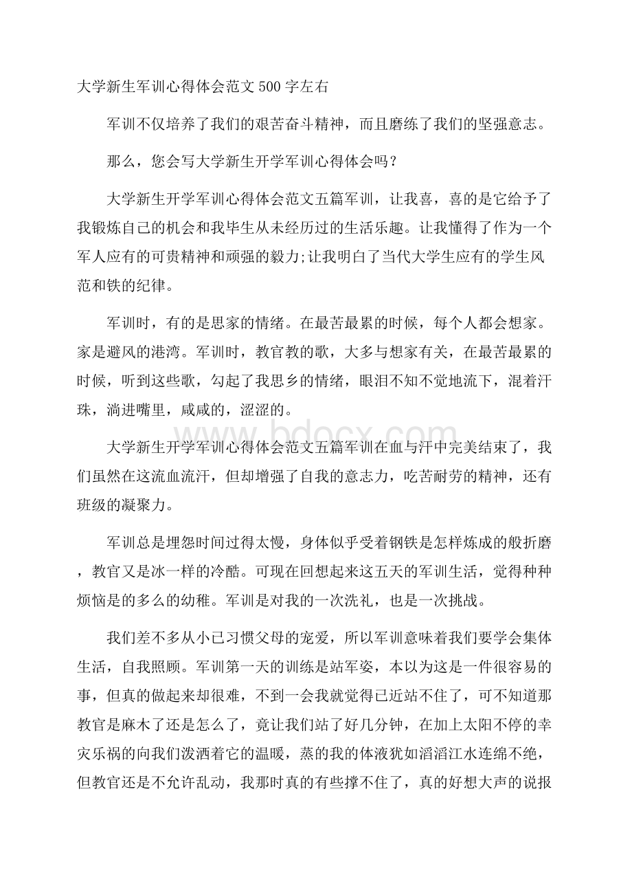 大学新生军训心得体会范文500字左右.docx