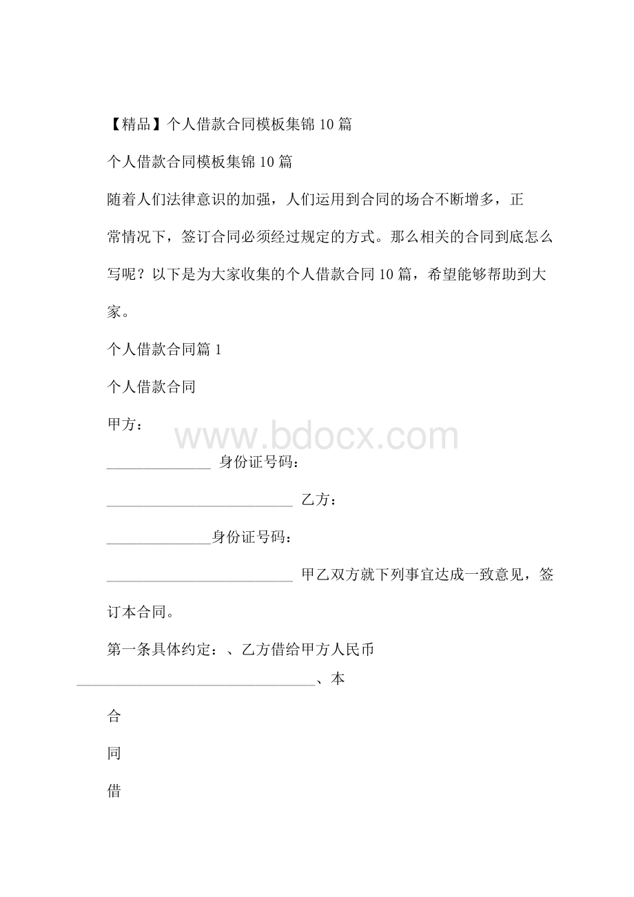 精品个人借款合同模板集锦10篇.docx_第1页