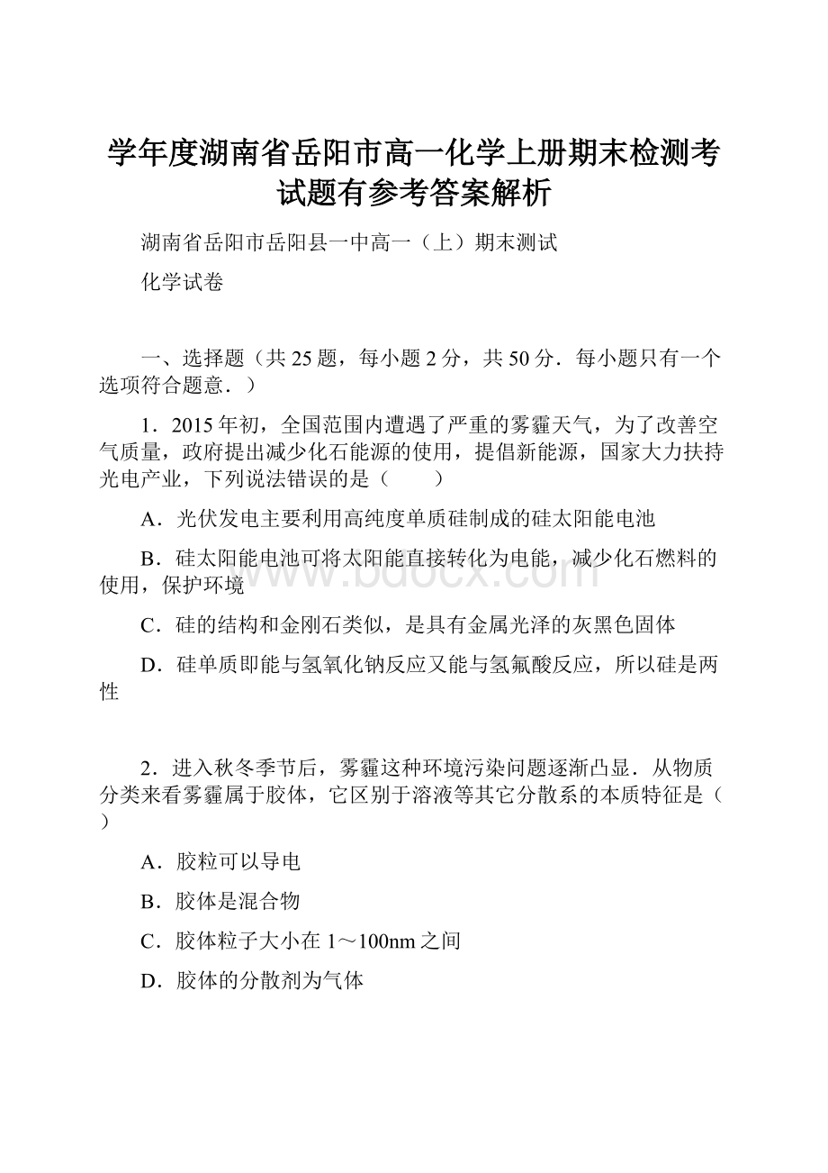 学年度湖南省岳阳市高一化学上册期末检测考试题有参考答案解析.docx_第1页