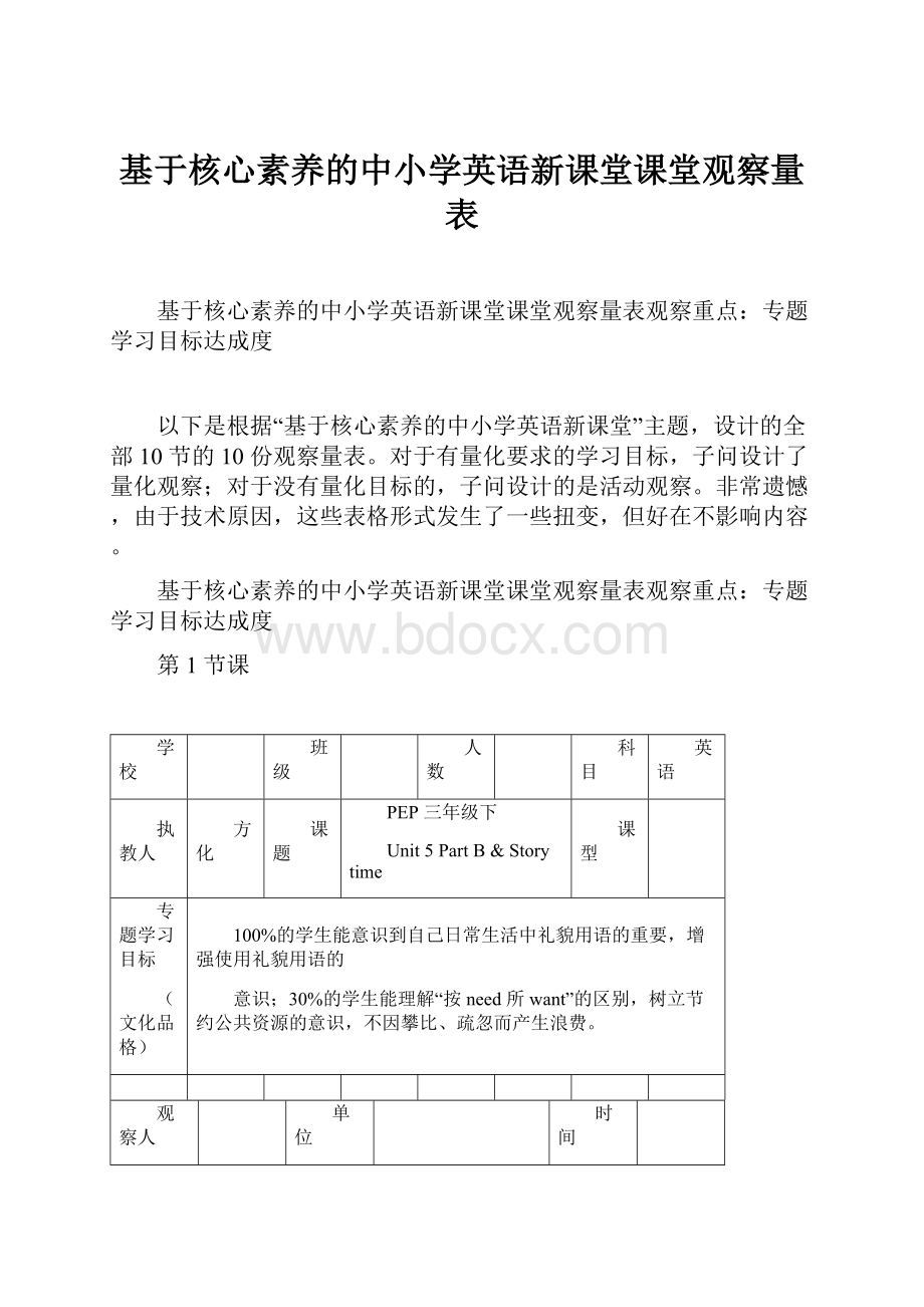 基于核心素养的中小学英语新课堂课堂观察量表.docx