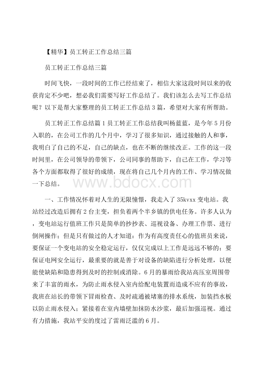 精华员工转正工作总结三篇.docx