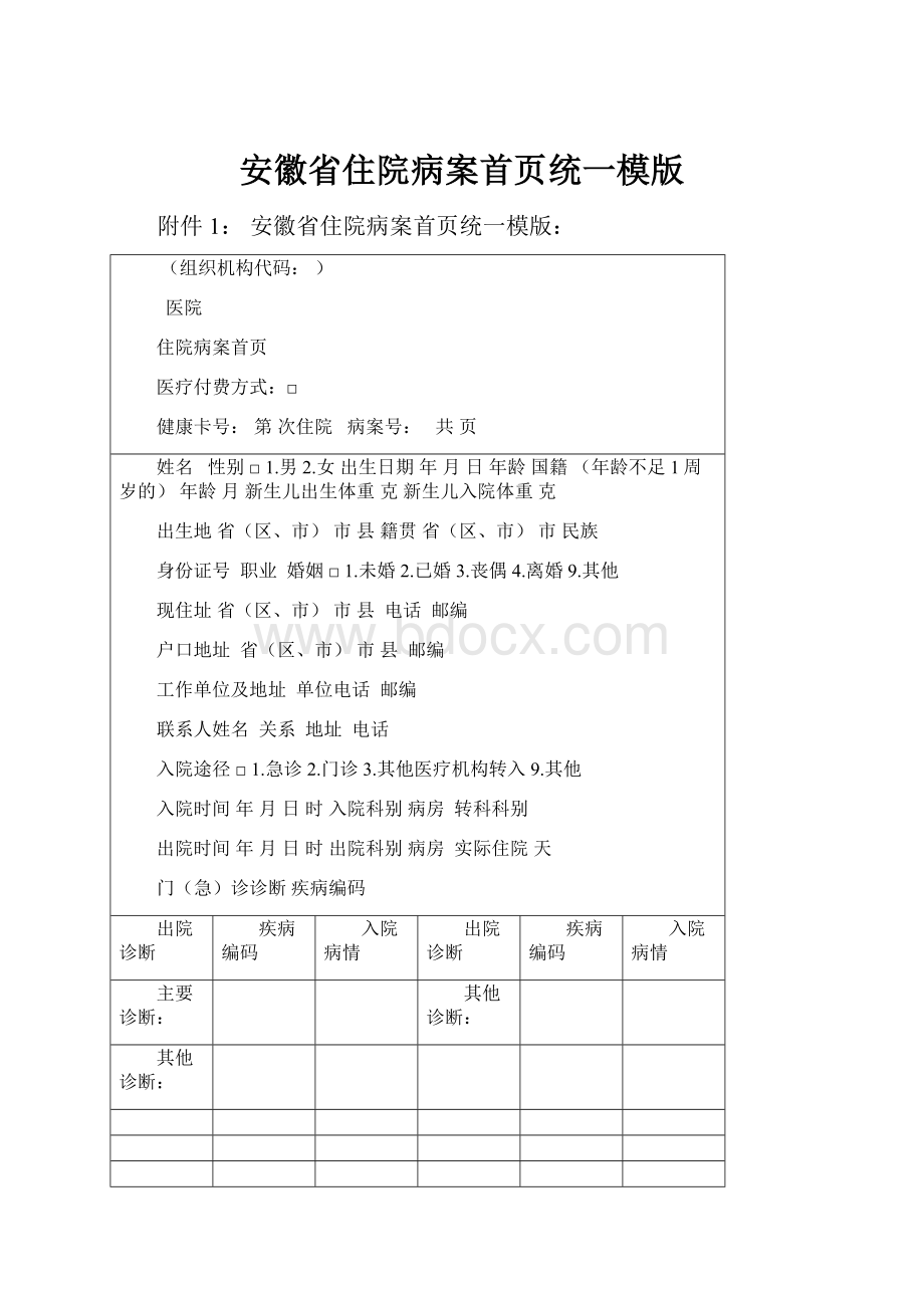 安徽省住院病案首页统一模版.docx