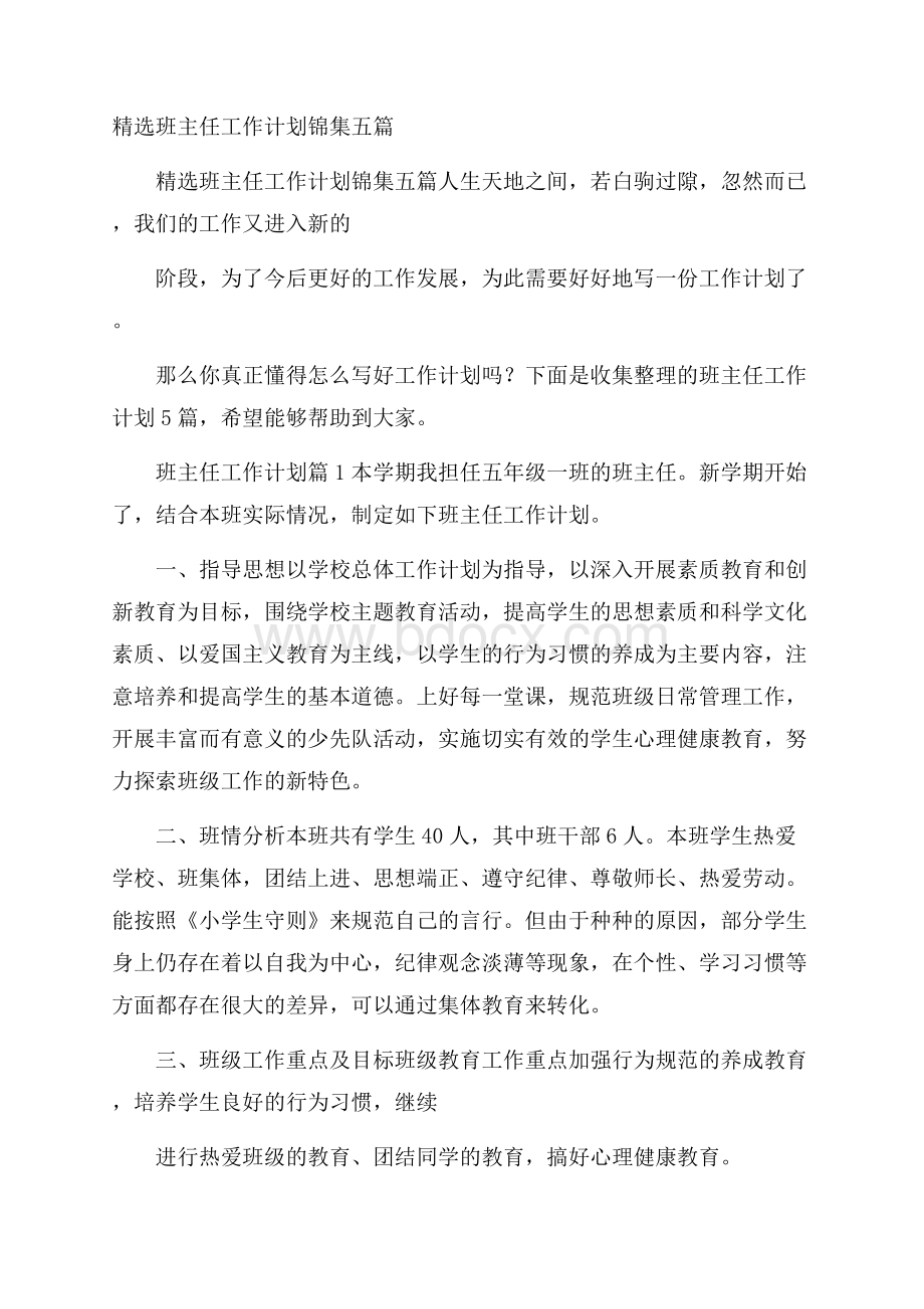 精选班主任工作计划锦集五篇.docx