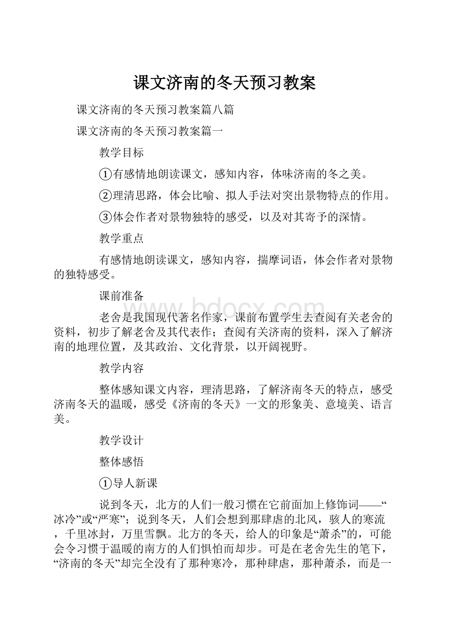 课文济南的冬天预习教案.docx