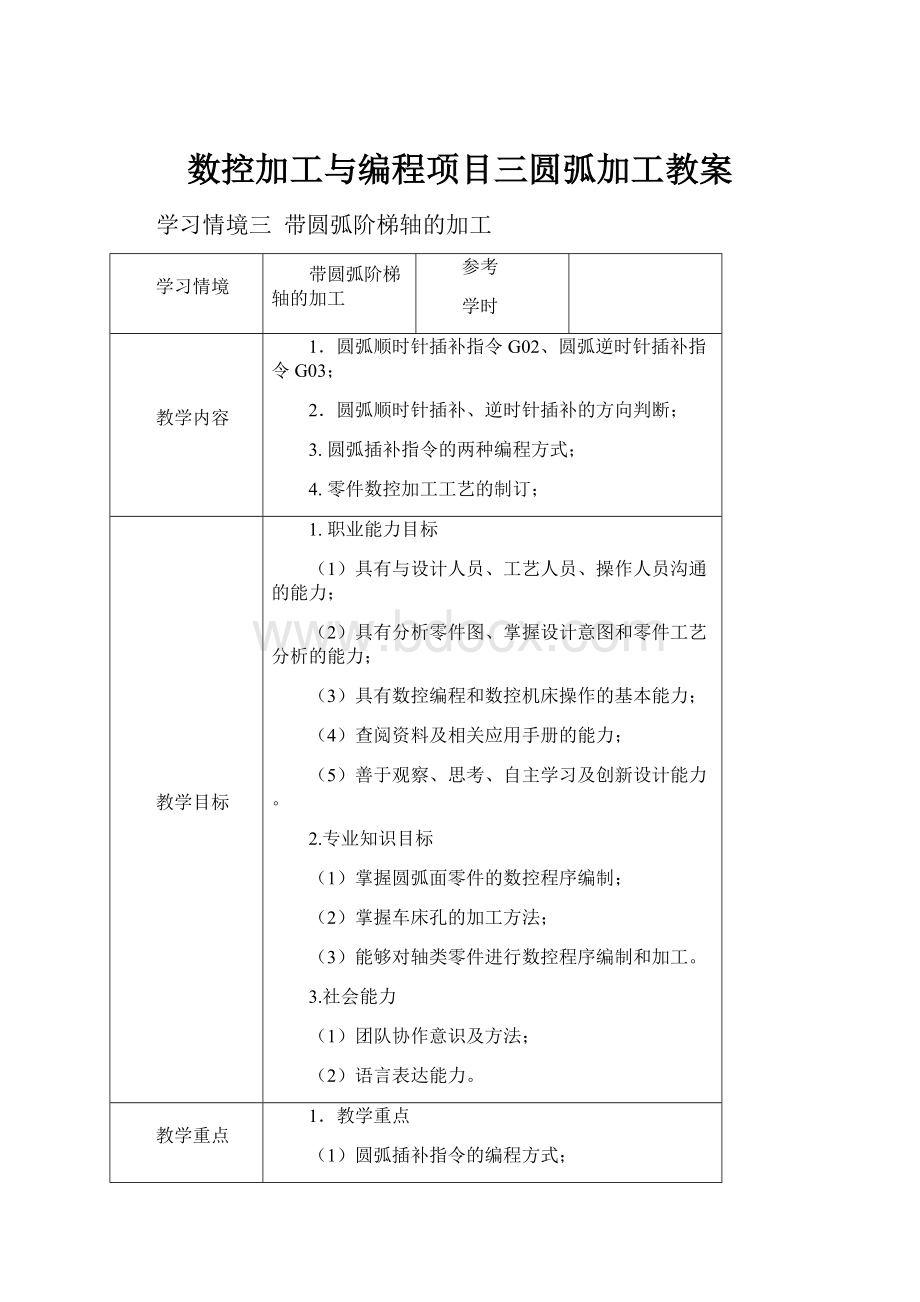 数控加工与编程项目三圆弧加工教案.docx_第1页