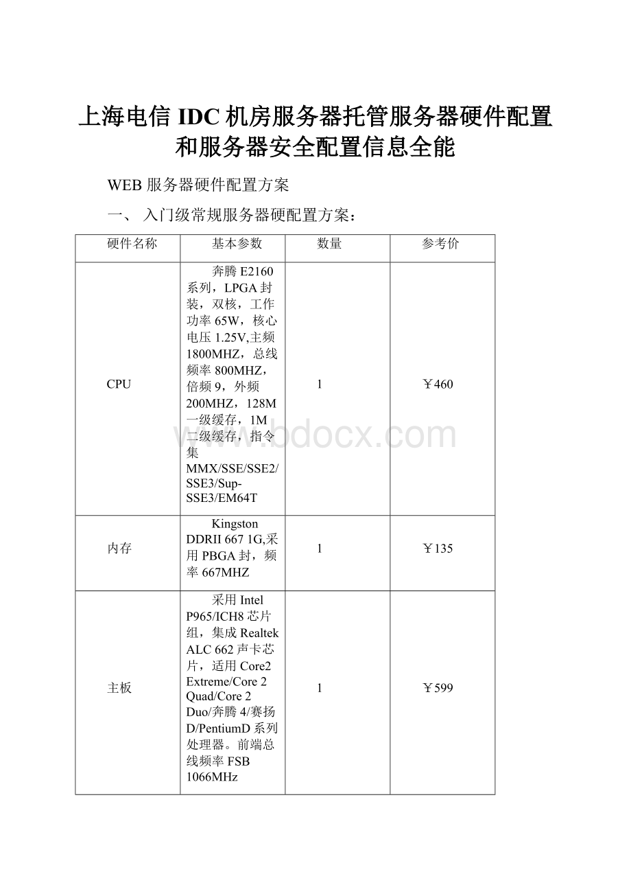 上海电信IDC机房服务器托管服务器硬件配置和服务器安全配置信息全能.docx_第1页