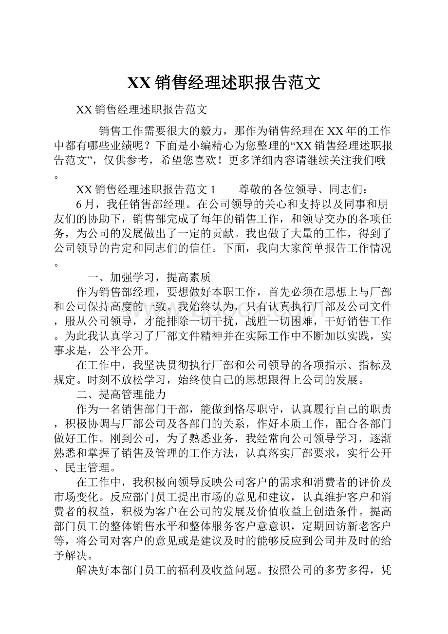 XX销售经理述职报告范文.docx