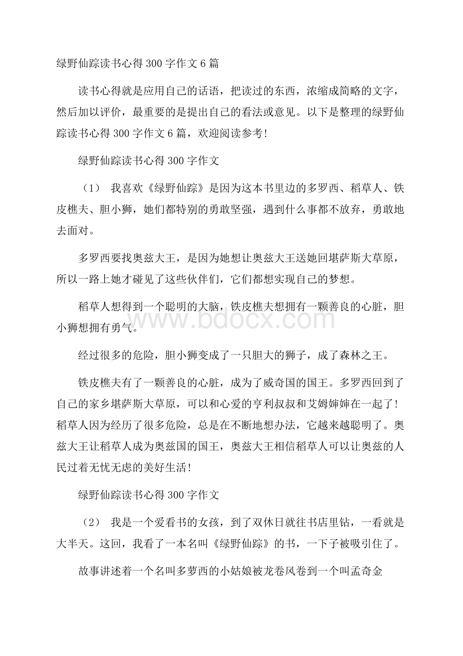 绿野仙踪读书心得300字作文6篇.docx_第1页