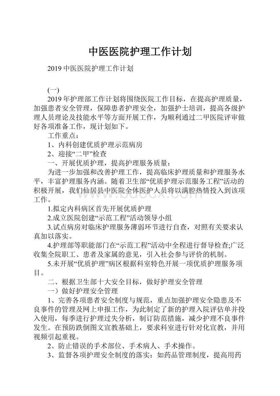 中医医院护理工作计划.docx_第1页