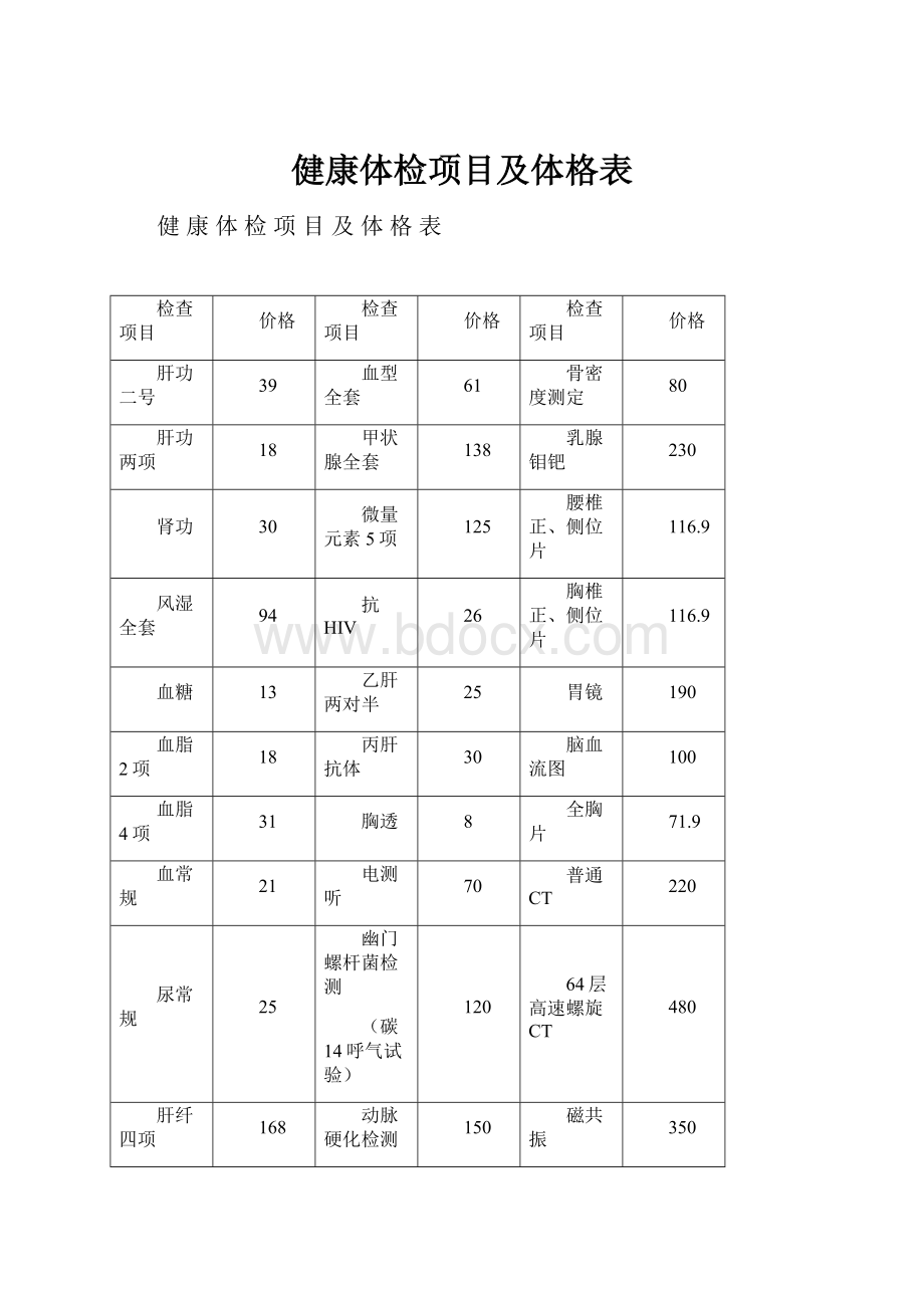 健康体检项目及体格表.docx_第1页