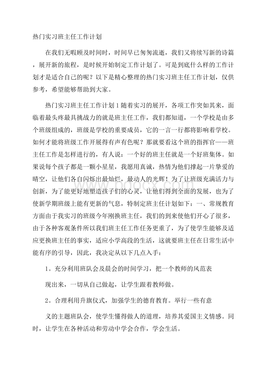 热门实习班主任工作计划.docx